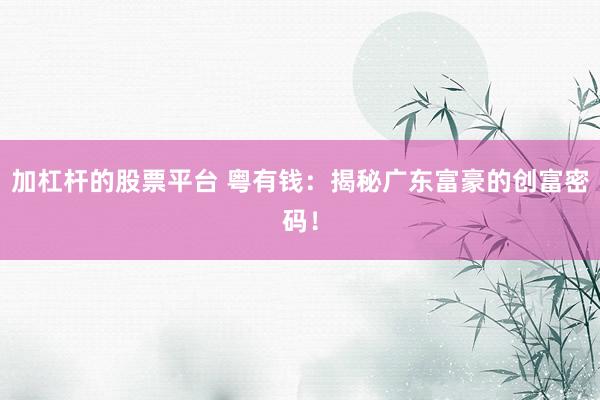 加杠杆的股票平台 粤有钱：揭秘广东富豪的创富密码！